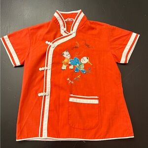 Plum Blossoms Vintage 50s 60s ? Red Oriental Embroidery Shirt Toddler Sz 4